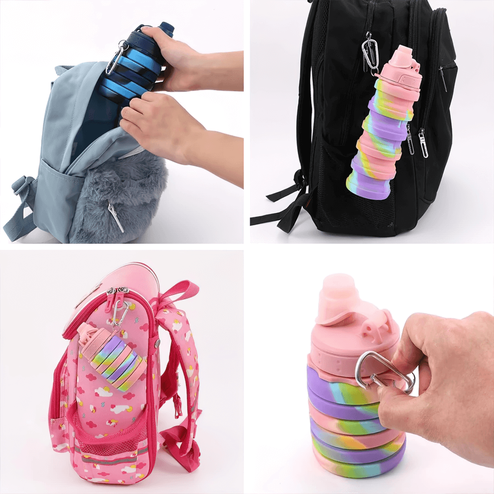 Reusable Collapsible Bottle with Carabiner - SF3489 attached to backpacks, showcasing its portability and colorful silicone design